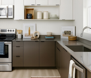 Student and multi-family kitchen cabinets in a kitchen installed by Blake Solutions | The Living Company | Garland, Texas