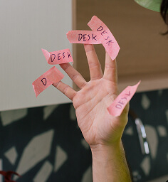 An FF&E installer holding desk labels | Turnkey FF&E & Interiors | The Living Company | Garland, Texas